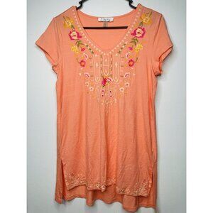 Anthropologie Cupio  Tunic Blouse Tropical Floral‎ Embroidered Size SP Orange